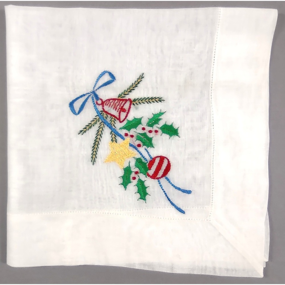 Vtg Christmas Embroidered White Cotton Handkerchief Holly Bell Star 12.5x12.5"